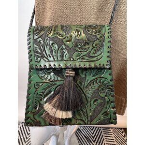 Handcrafted Green Embossed Leather Crossbody Bag With Decorative Tassel & Adjust